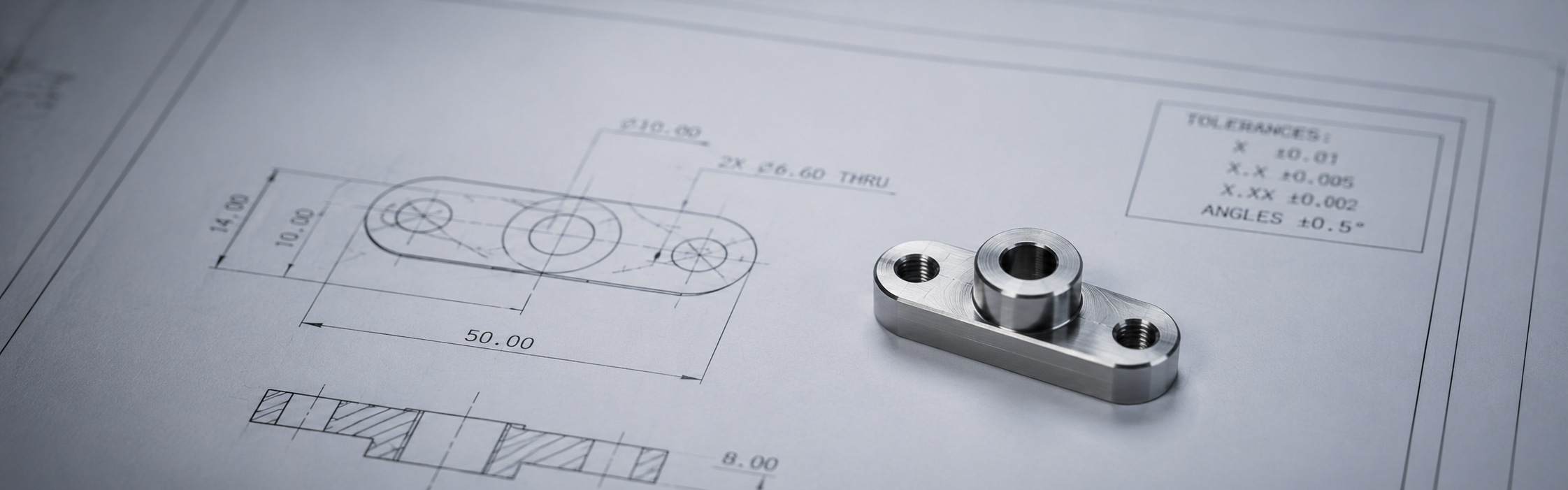 Custom machined prototype part for customer sitting on the engineering spec design drawing used to machine it.