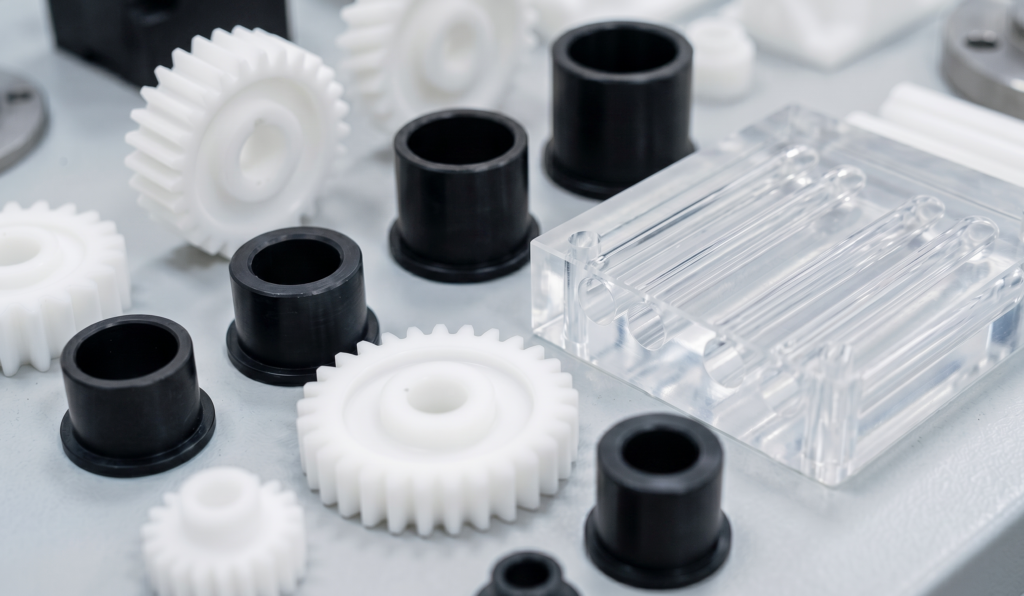 Various plastic custom machined parts used for food processing lines
