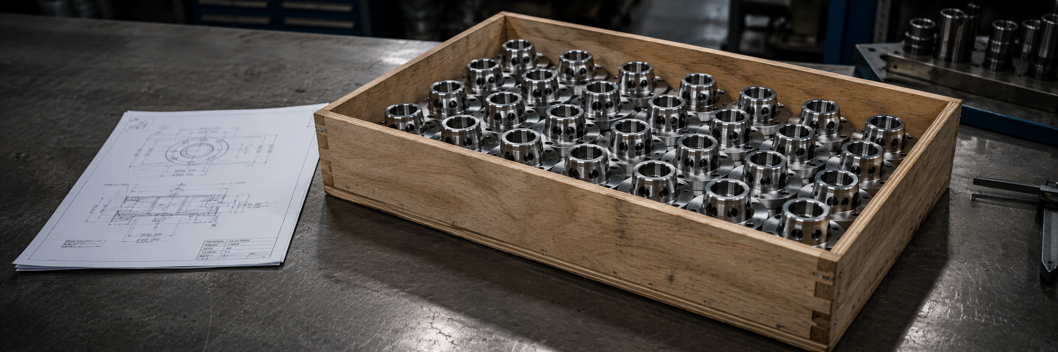 Machined prototype parts in a crate next to the engineering drawing used to manufacture them
